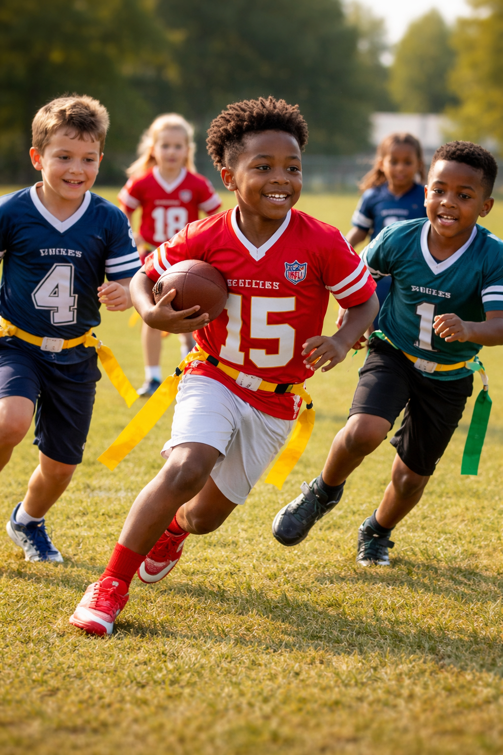 Youth flag football players running on the field