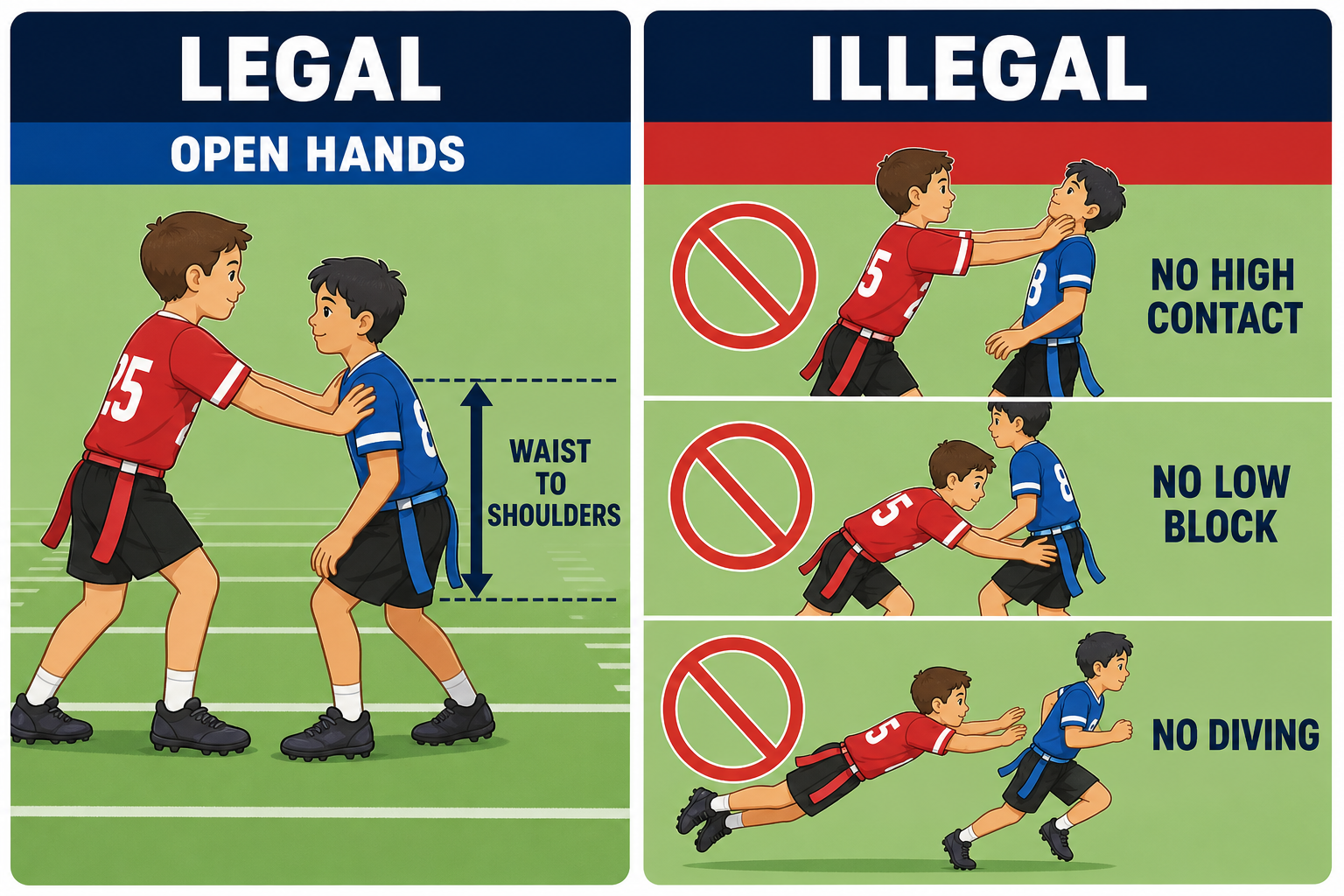 Comparison showing legal open-hand blocking between waist and shoulders and prohibiting high contact, low blocks, and diving
